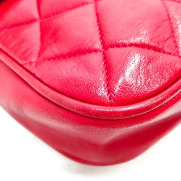 AUTH Chanel Quilted Lambskin 24K Gold Plated Mini Single Flap Bag Red